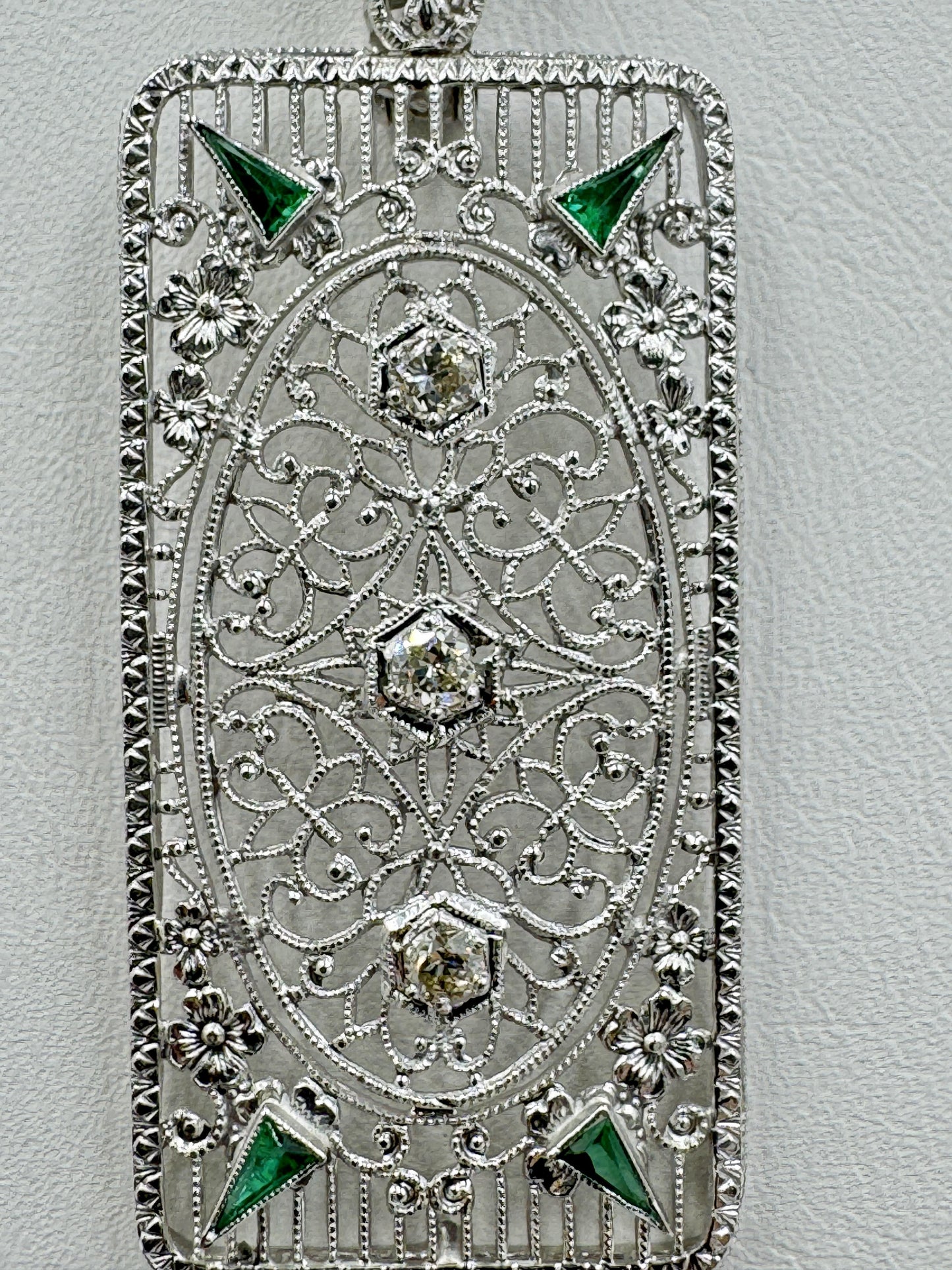 Art Deco 14k White Gold Filigree Diamond Pendant