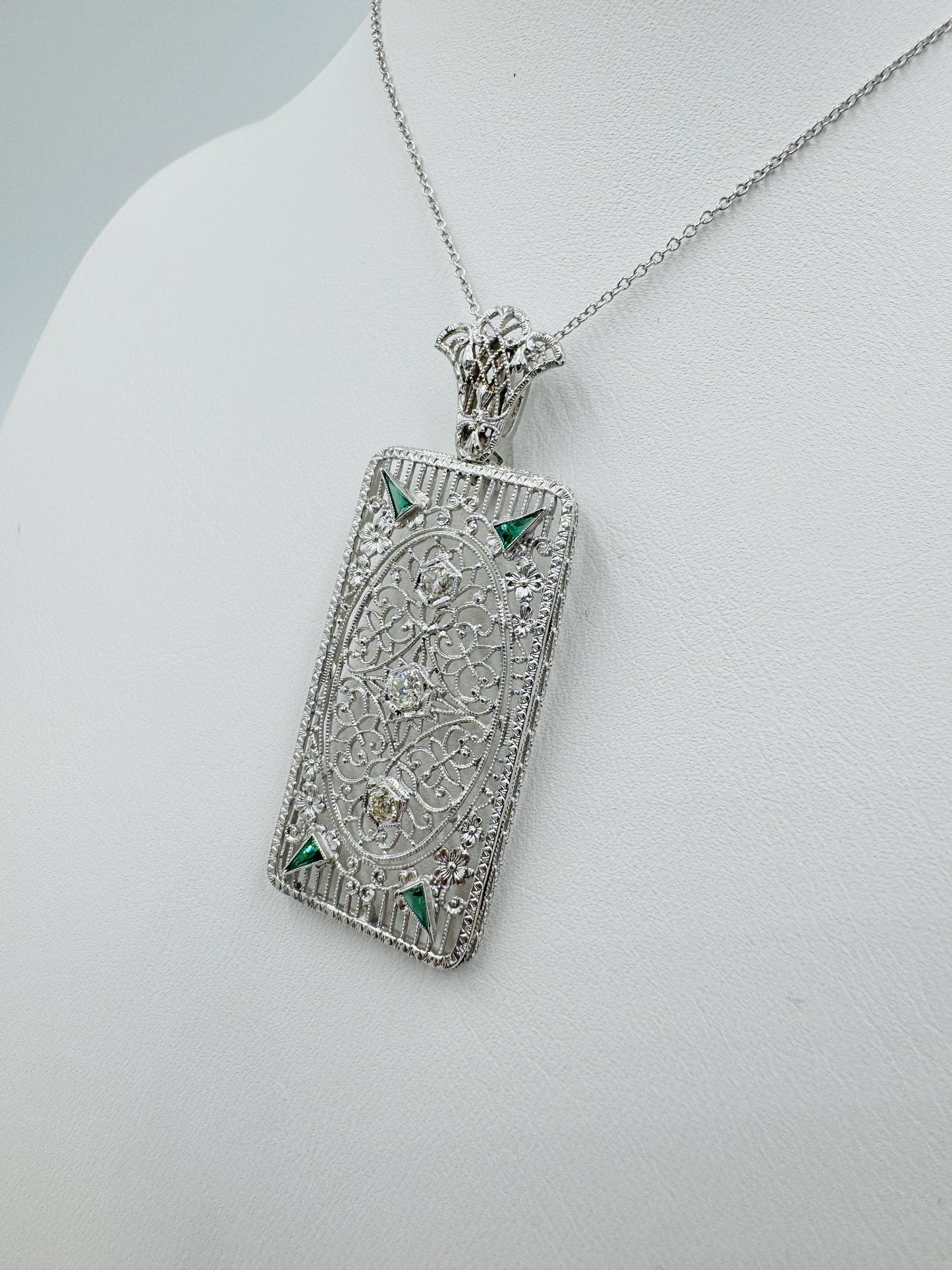 Art Deco 14k White Gold Filigree Diamond Pendant