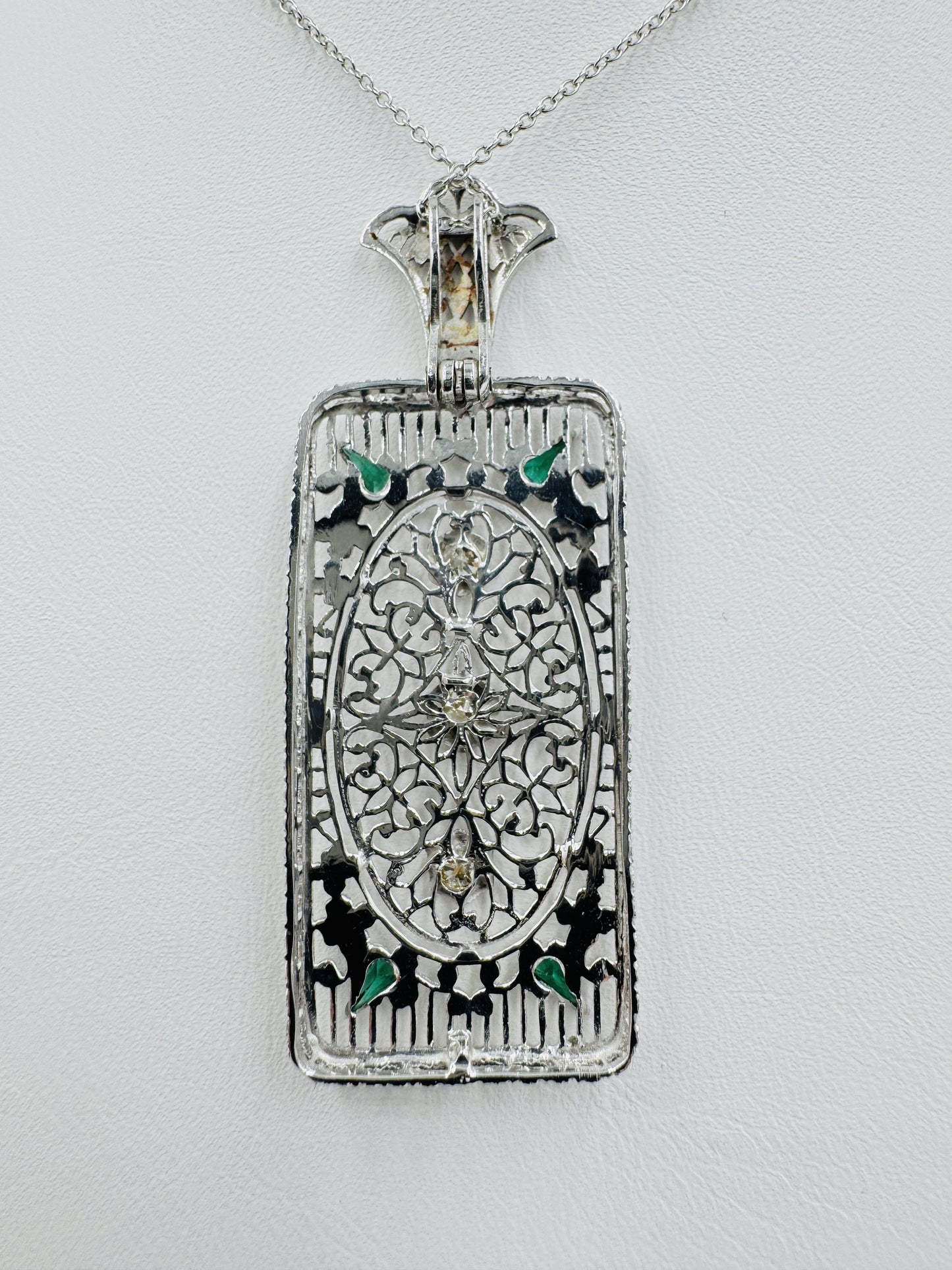 Art Deco 14k White Gold Filigree Diamond Pendant
