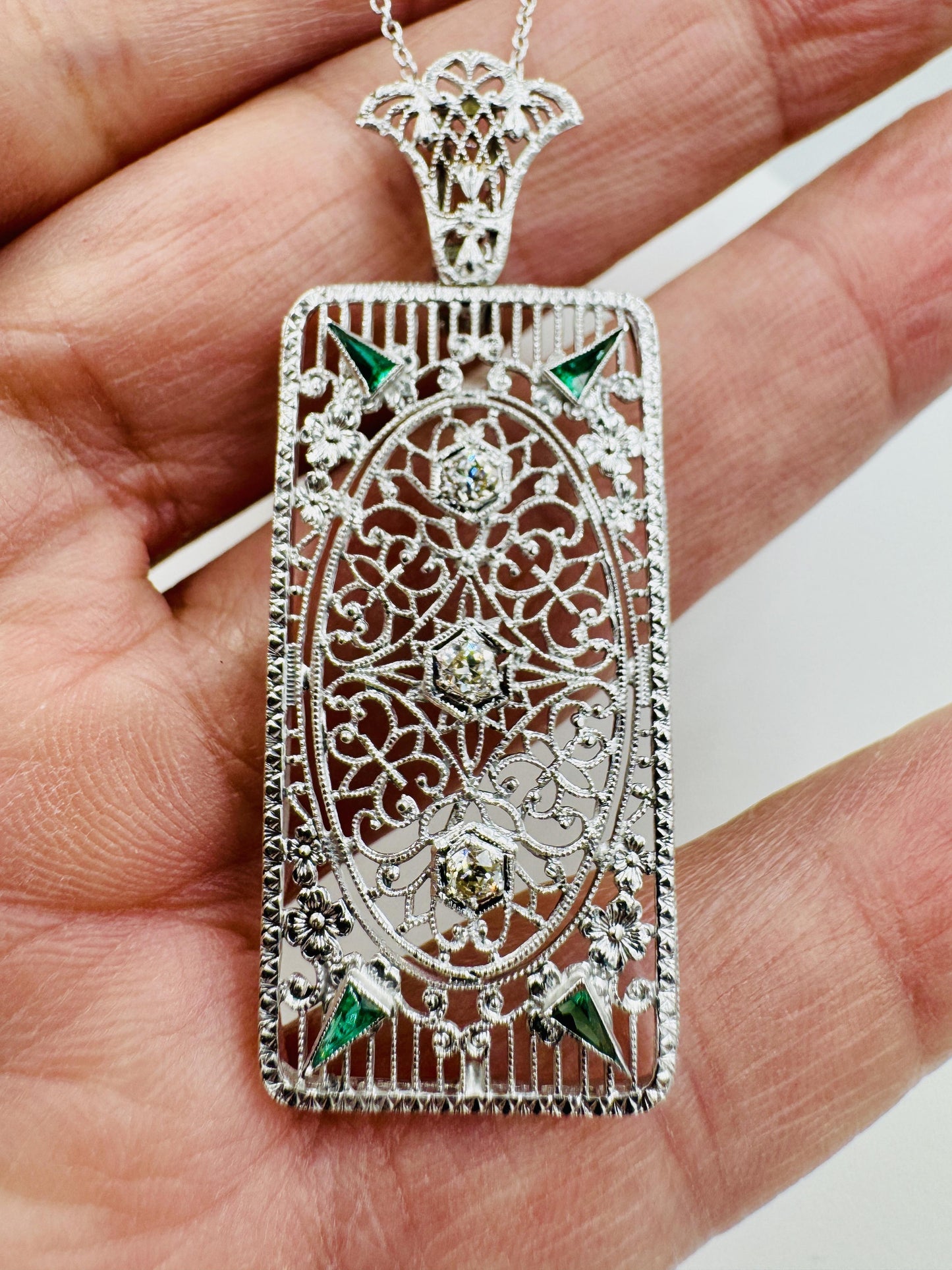 Art Deco 14k White Gold Filigree Diamond Pendant
