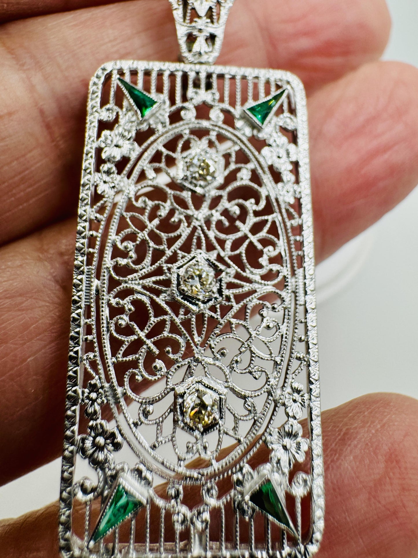 Art Deco 14k White Gold Filigree Diamond Pendant