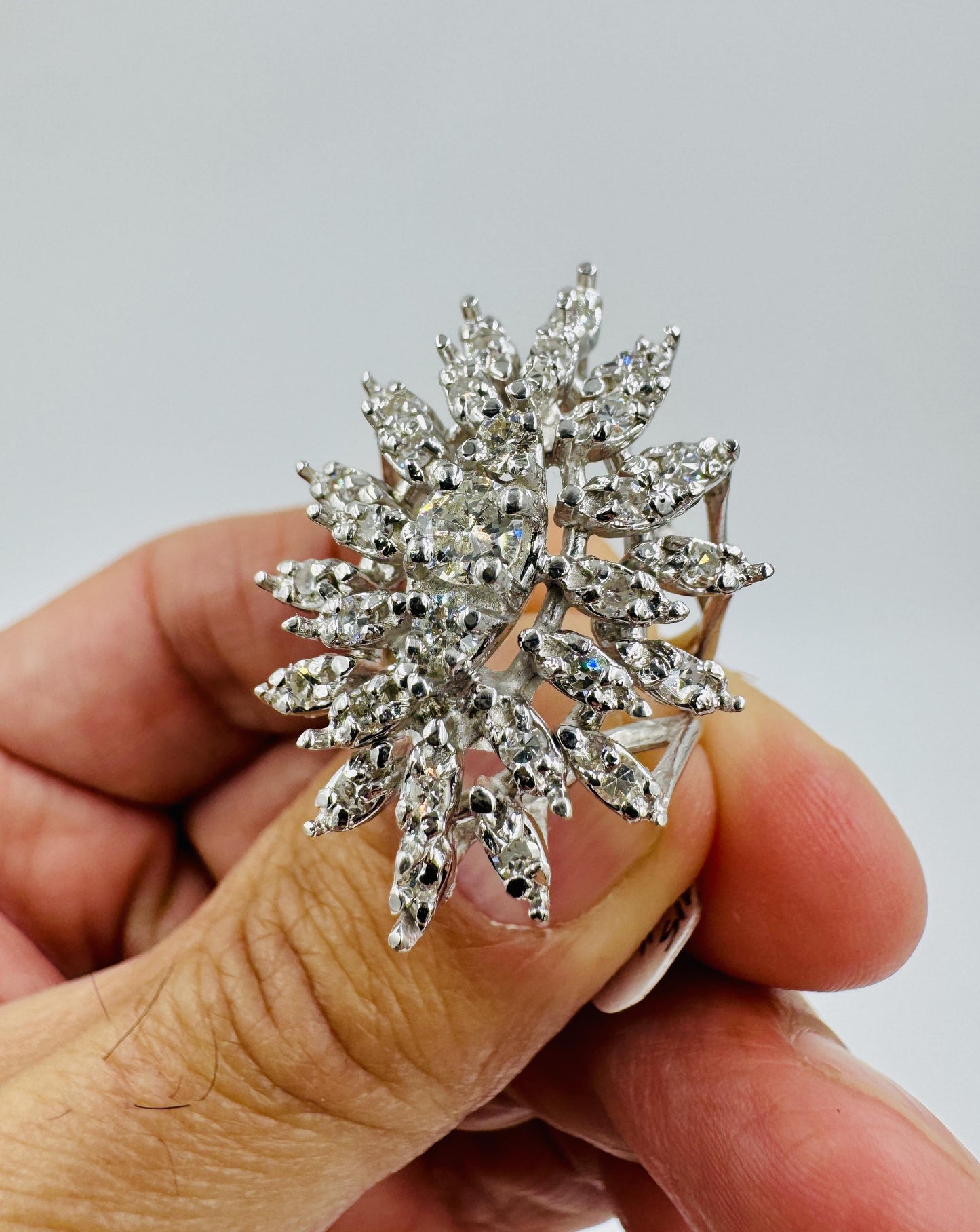 1960's Diamond Cluster Cocktail Ring 14k White Gold