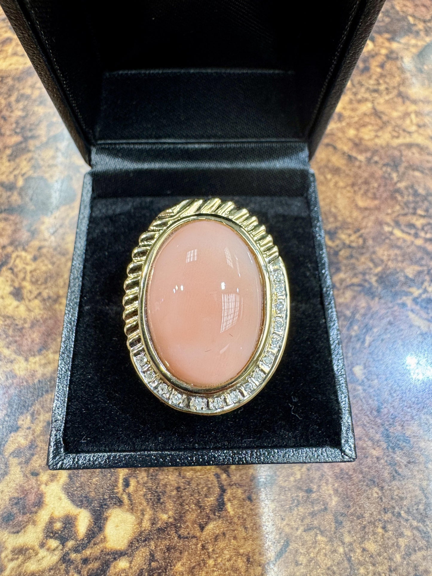 Estate 14k Gold Angel Skin Coral Diamond Cocktail Ring
