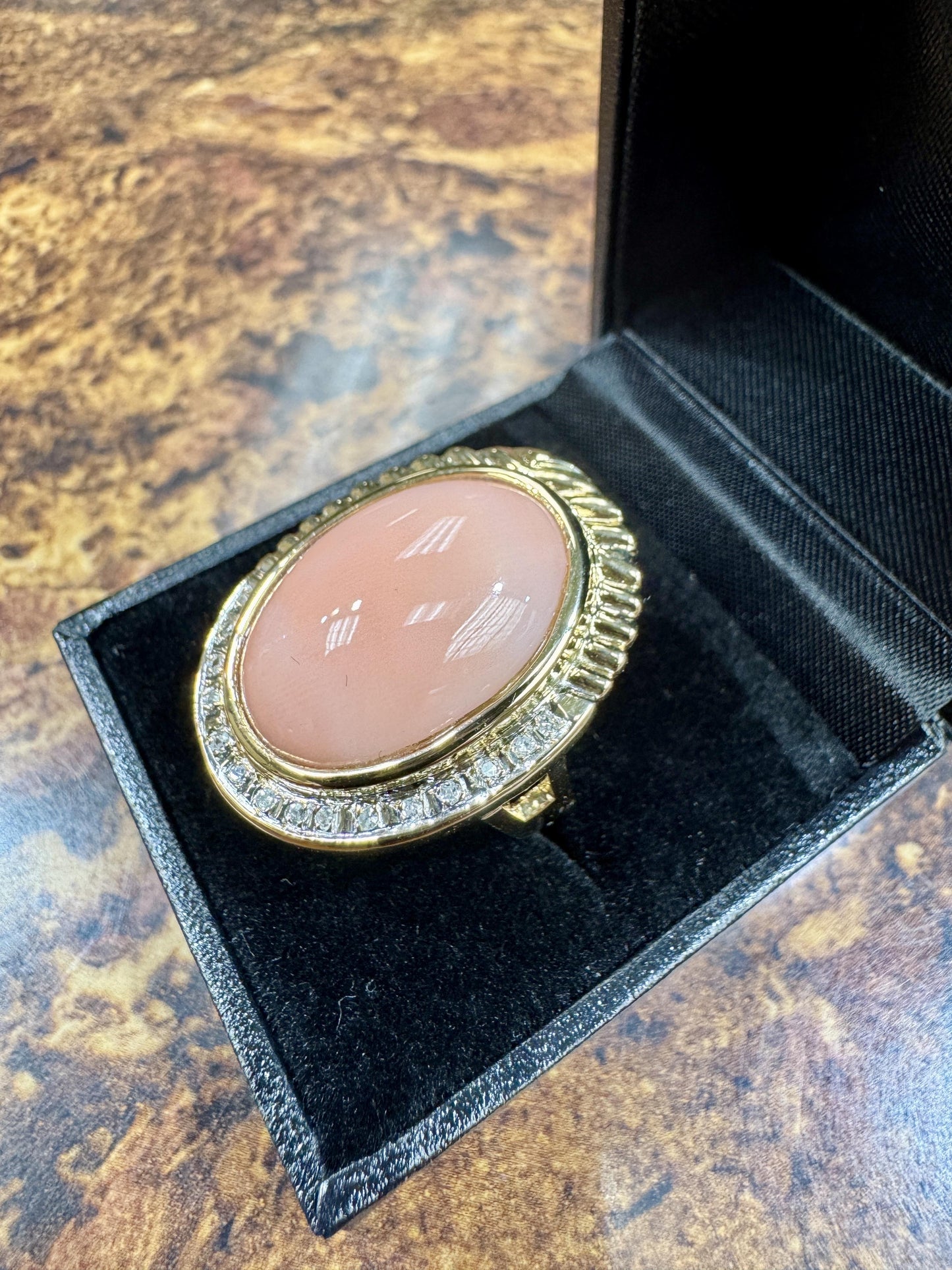 Estate 14k Gold Angel Skin Coral Diamond Cocktail Ring