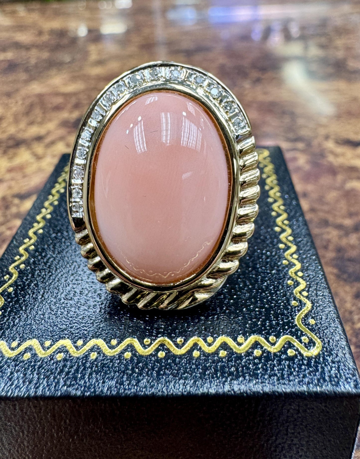 Estate 14k Gold Angel Skin Coral Diamond Cocktail Ring