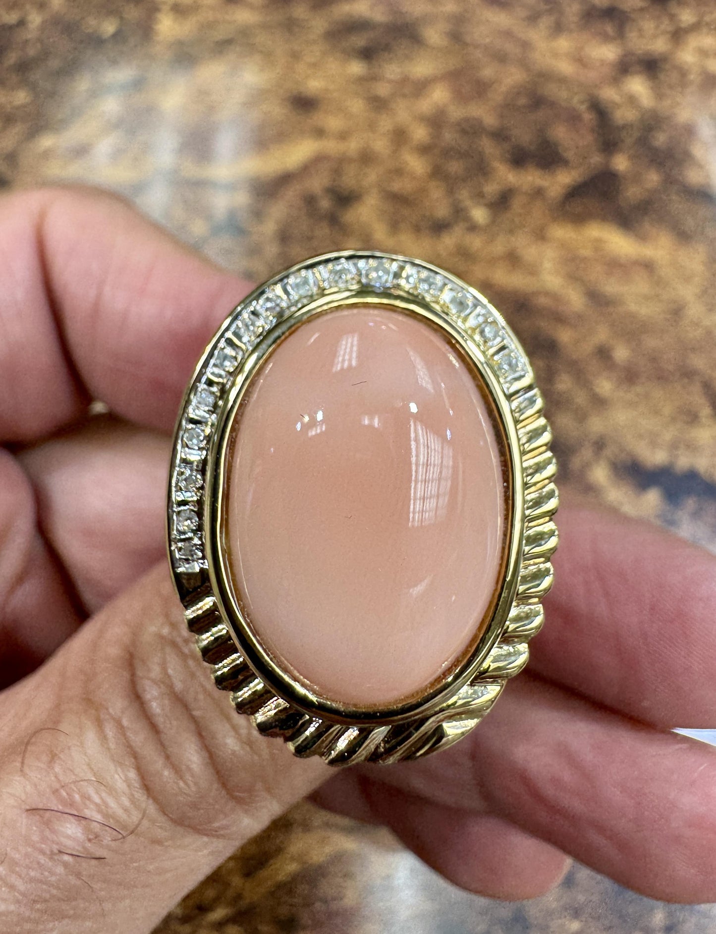 Estate 14k Gold Angel Skin Coral Diamond Cocktail Ring