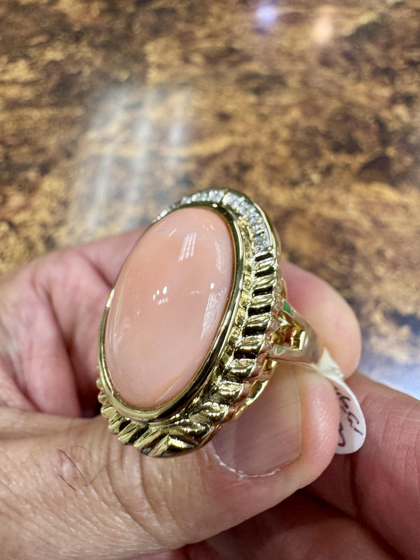 Estate 14k Gold Angel Skin Coral Diamond Cocktail Ring