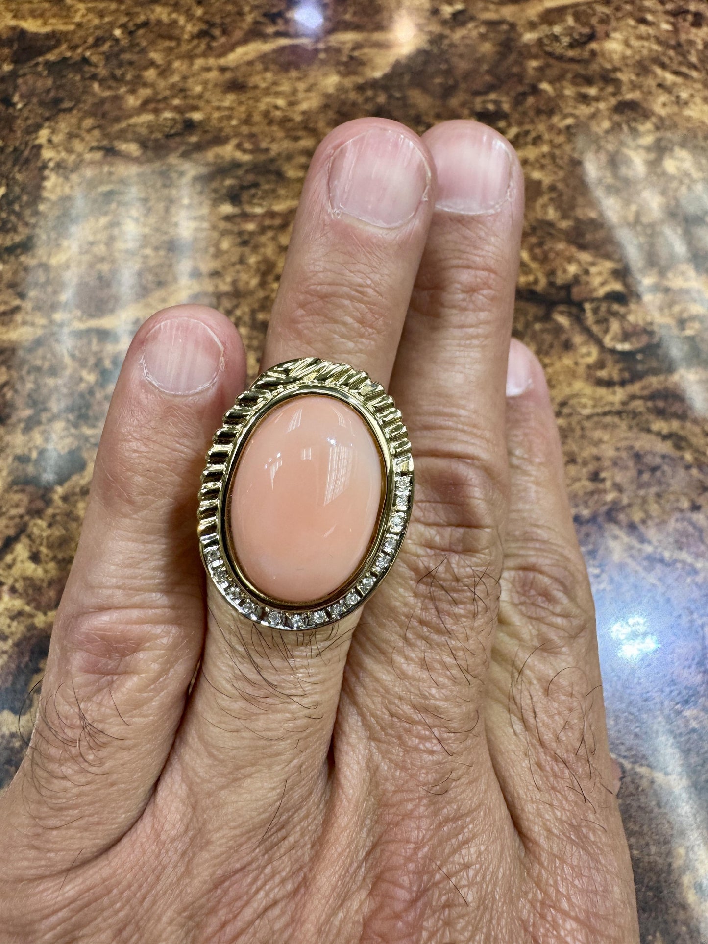 Estate 14k Gold Angel Skin Coral Diamond Cocktail Ring