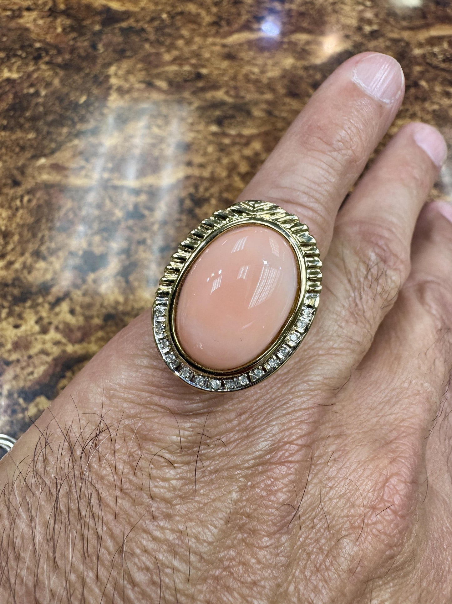Estate 14k Gold Angel Skin Coral Diamond Cocktail Ring