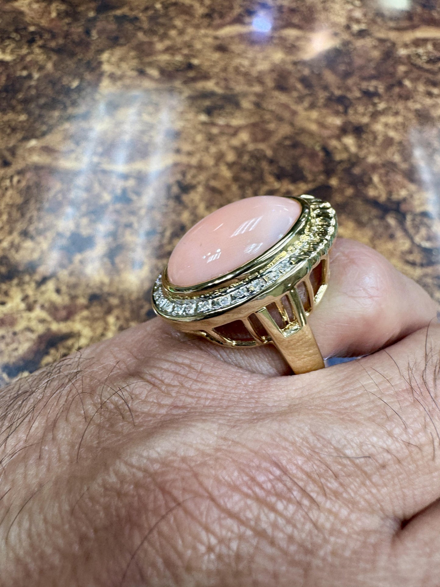 Estate 14k Gold Angel Skin Coral Diamond Cocktail Ring