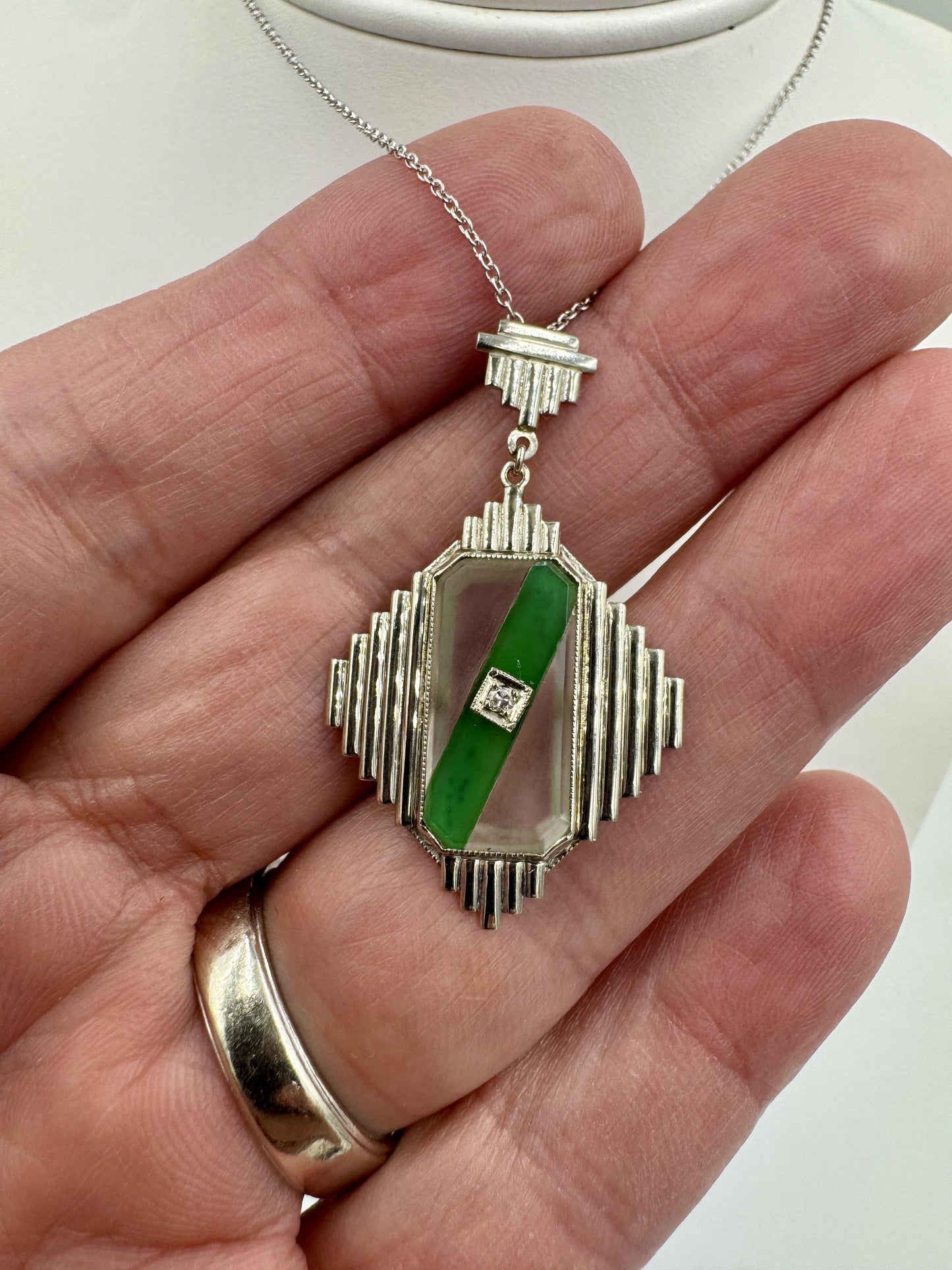 Art Deco 14k White Gold Green stone Diamond Pendant Necklace