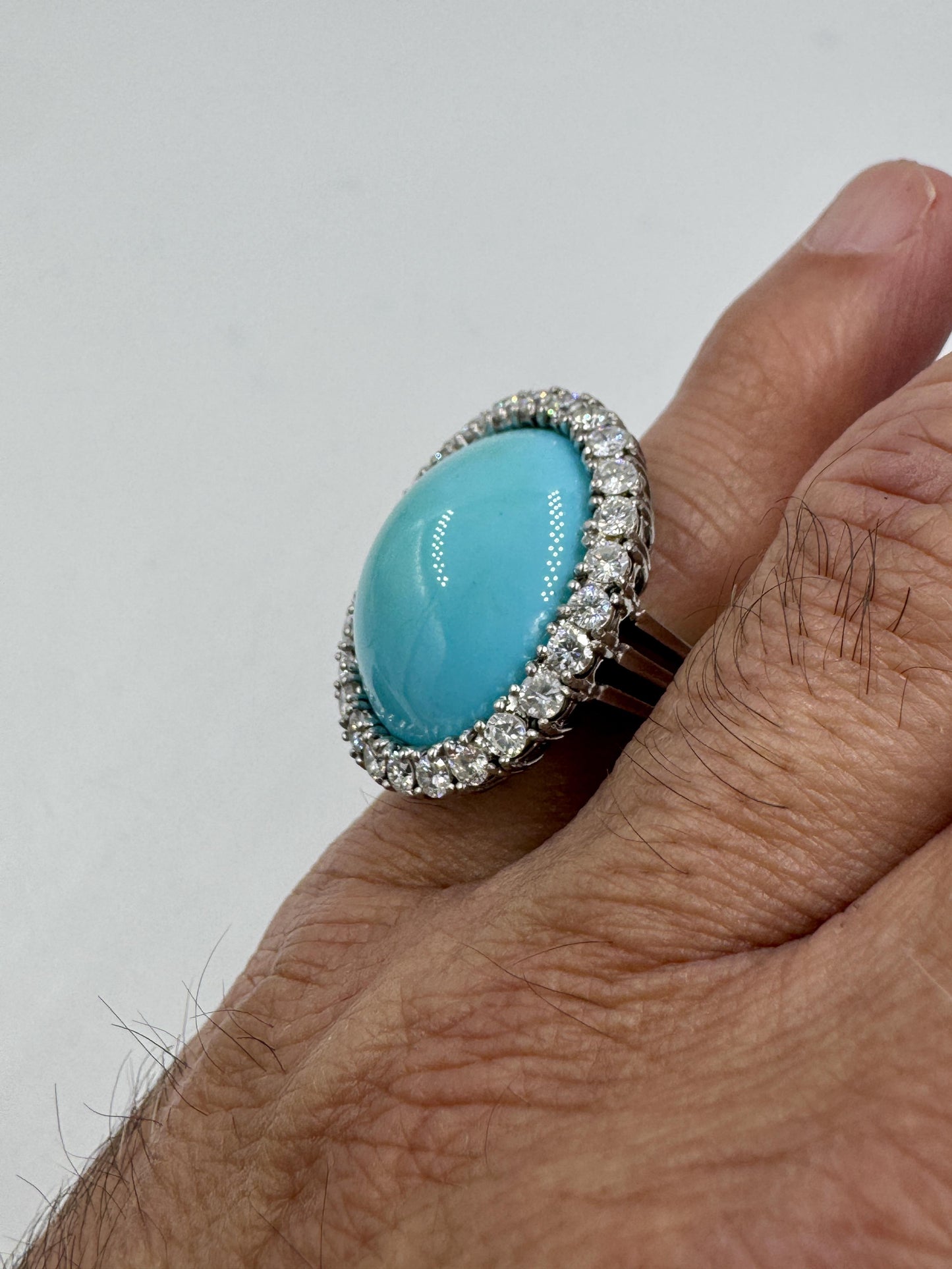 Mid Century 18k White Gold Turquoise Diamond Halo Cocktail Ring
