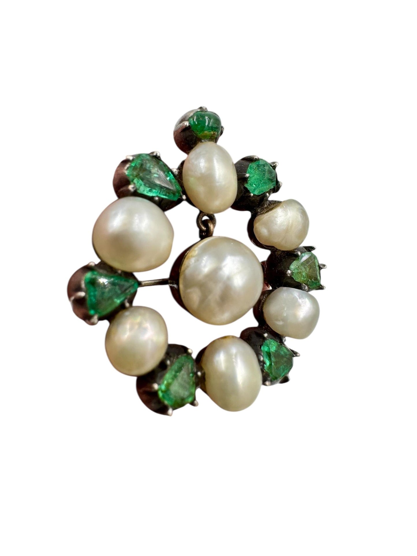 Victorian Emerald Pearl Brooch Silver On Gold