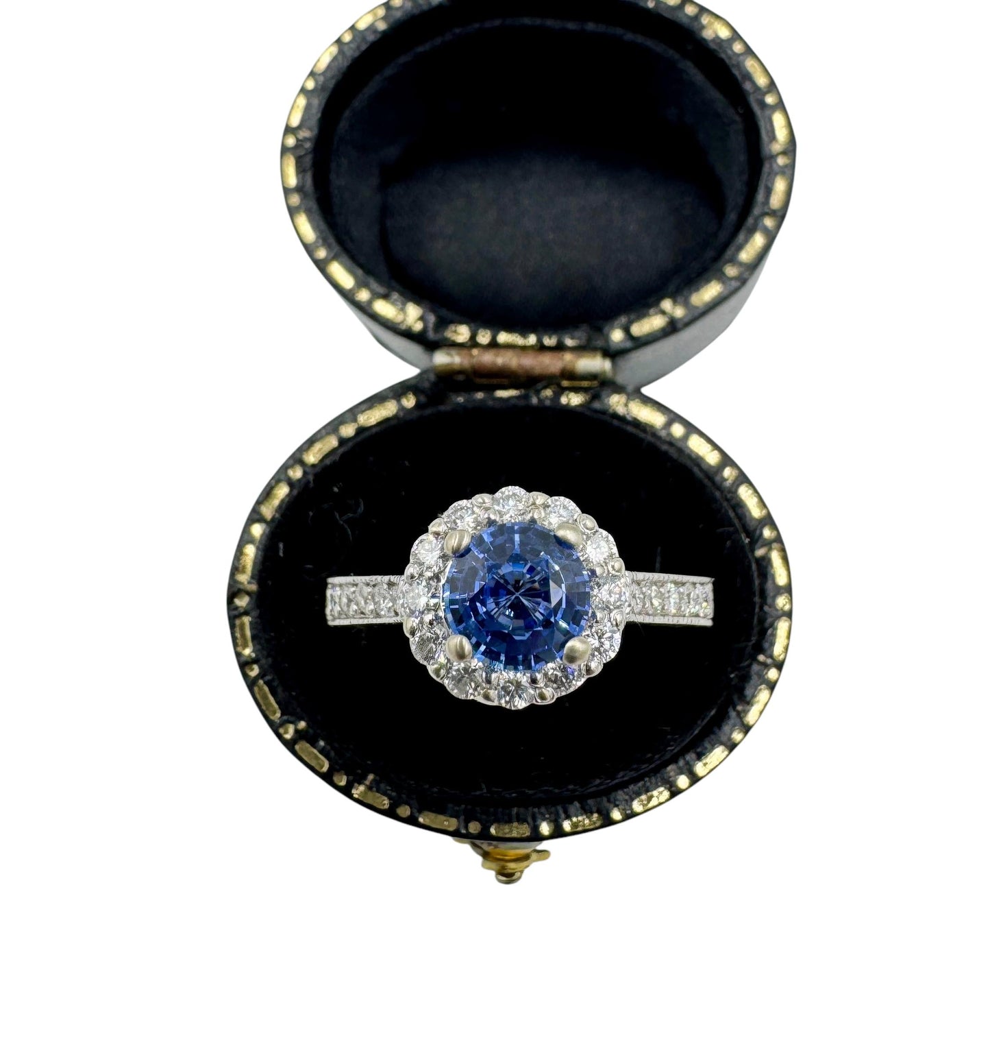 Ceylon Sapphire Diamond Halo 14k white gold Ring