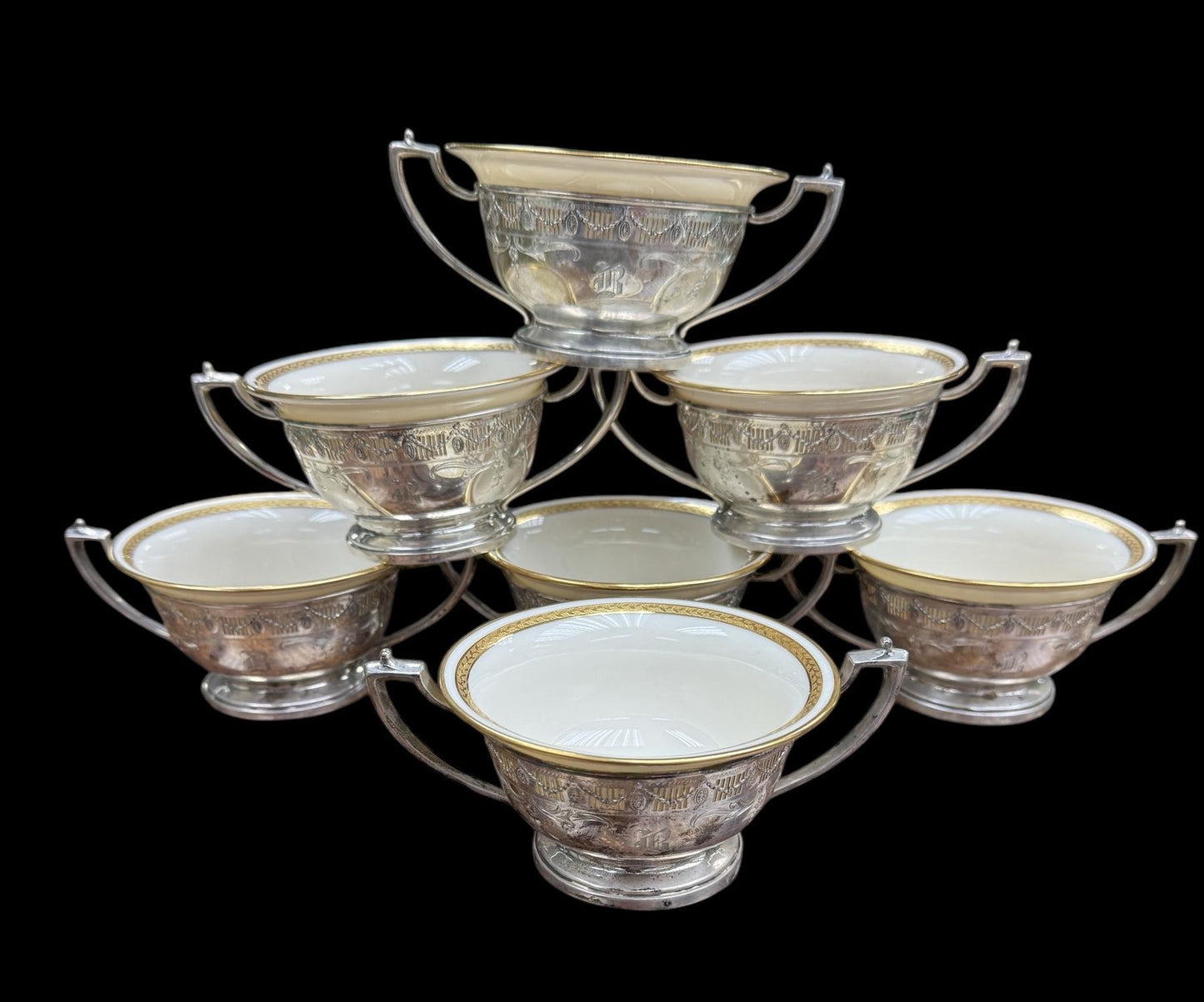 Antique 7 Lenox Whiting Sterling Silver Bouillon Cup soup sets