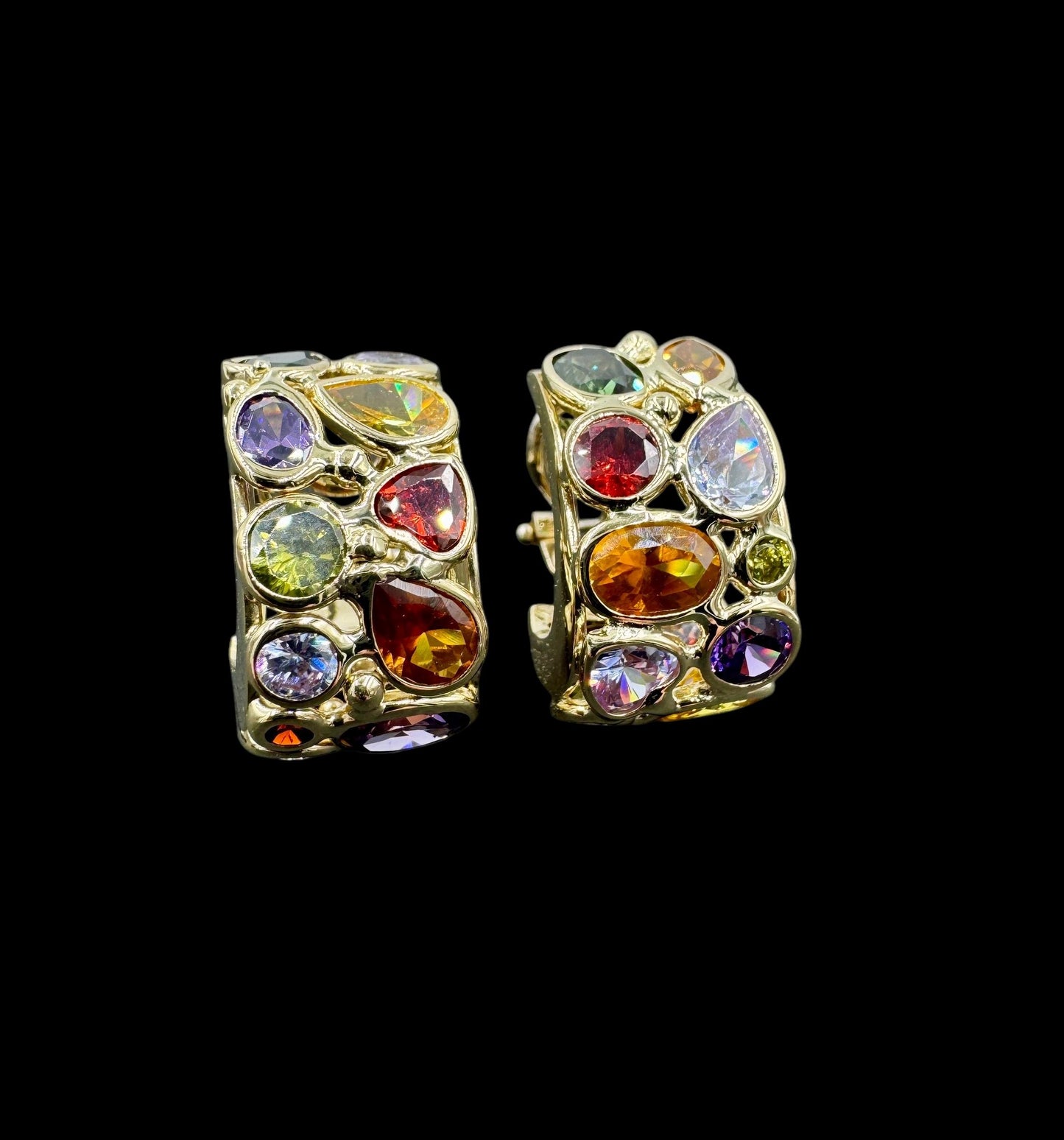 Vintage Italian 14k gold Multi Gemstone Huggie Earrings Signed