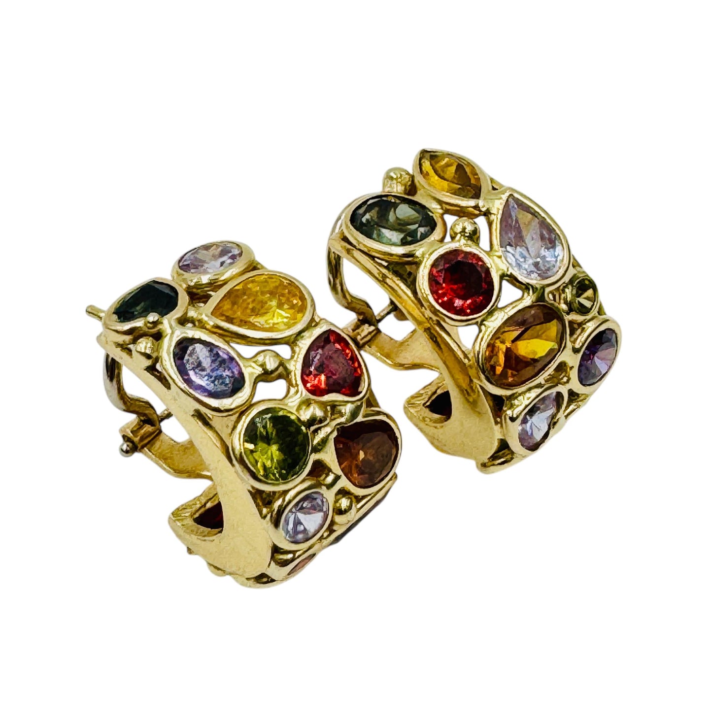 Vintage Italian 14k gold Multi Gemstone Huggie Earrings Signed