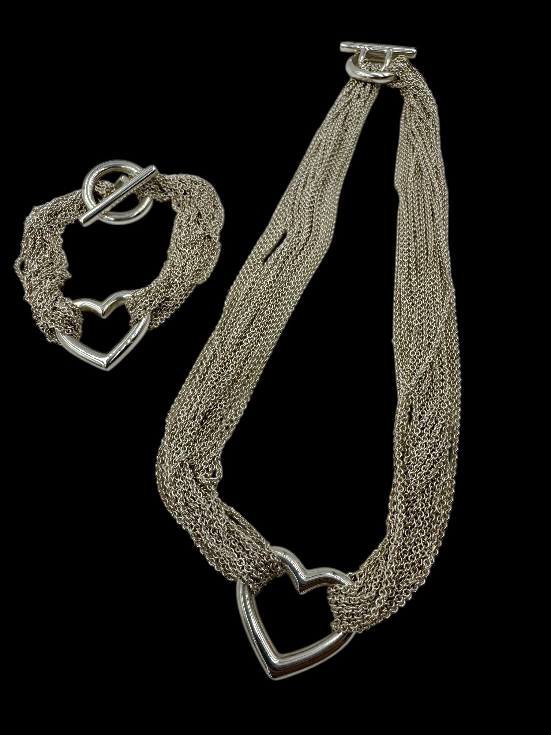 Tiffany & Co 925 Sterling Multi Strand Toggle Open Heart Necklace Bracelet Set