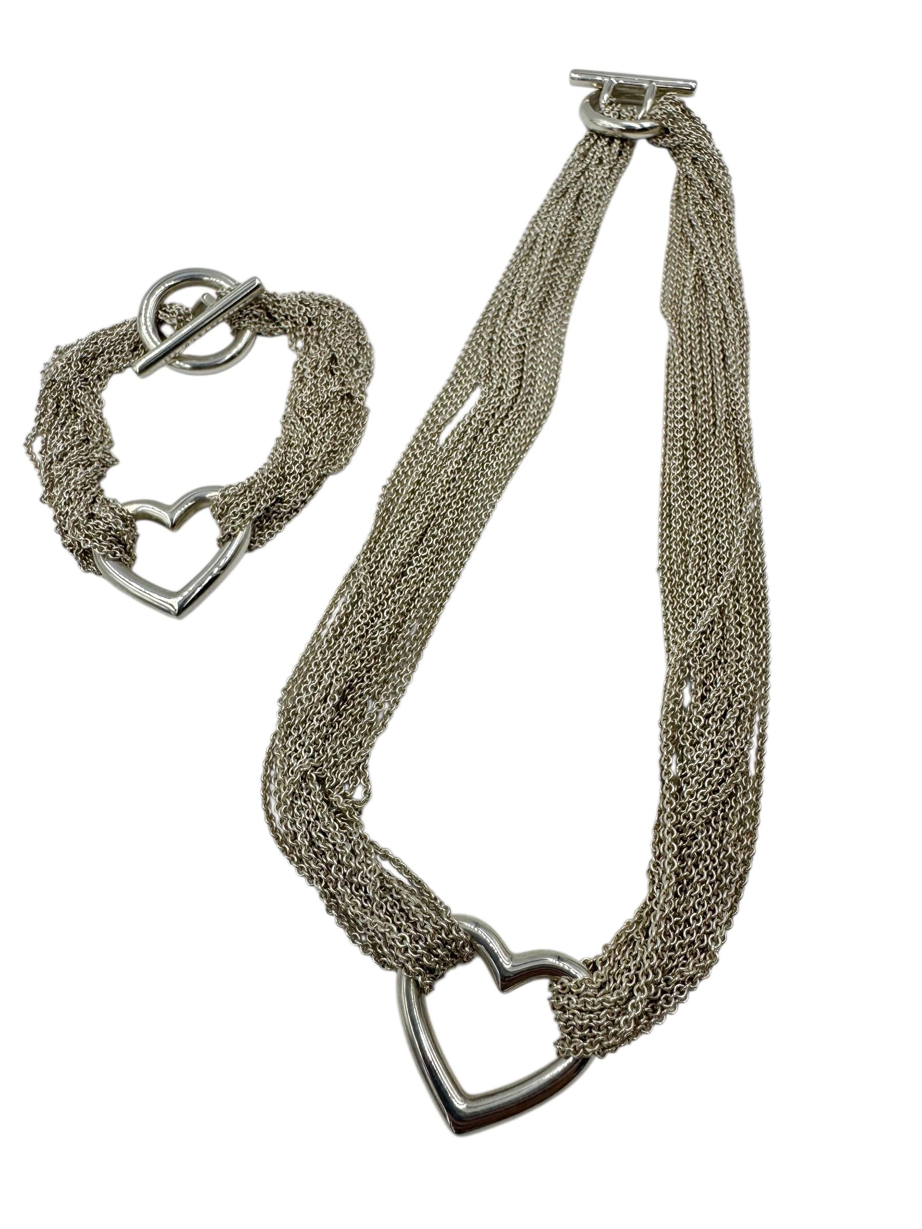 Tiffany & Co 925 Sterling Multi Strand Toggle Open Heart Necklace Bracelet Set