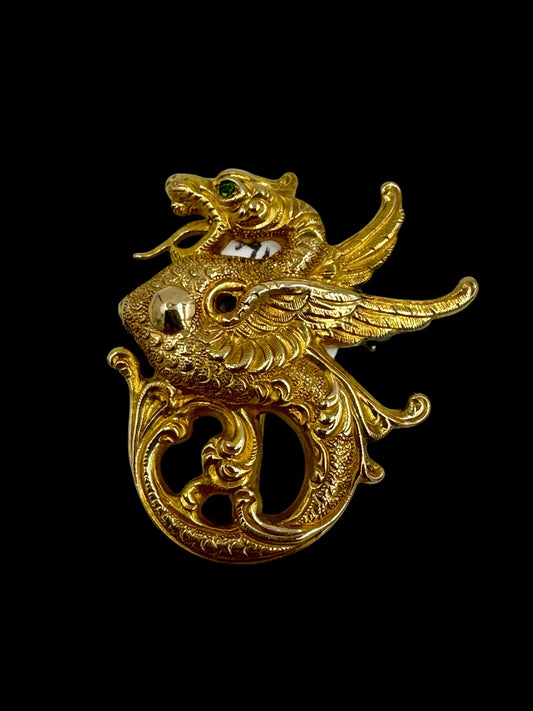 Art Nouveau 14k Gold Griffin Pin Demantoid Eyes