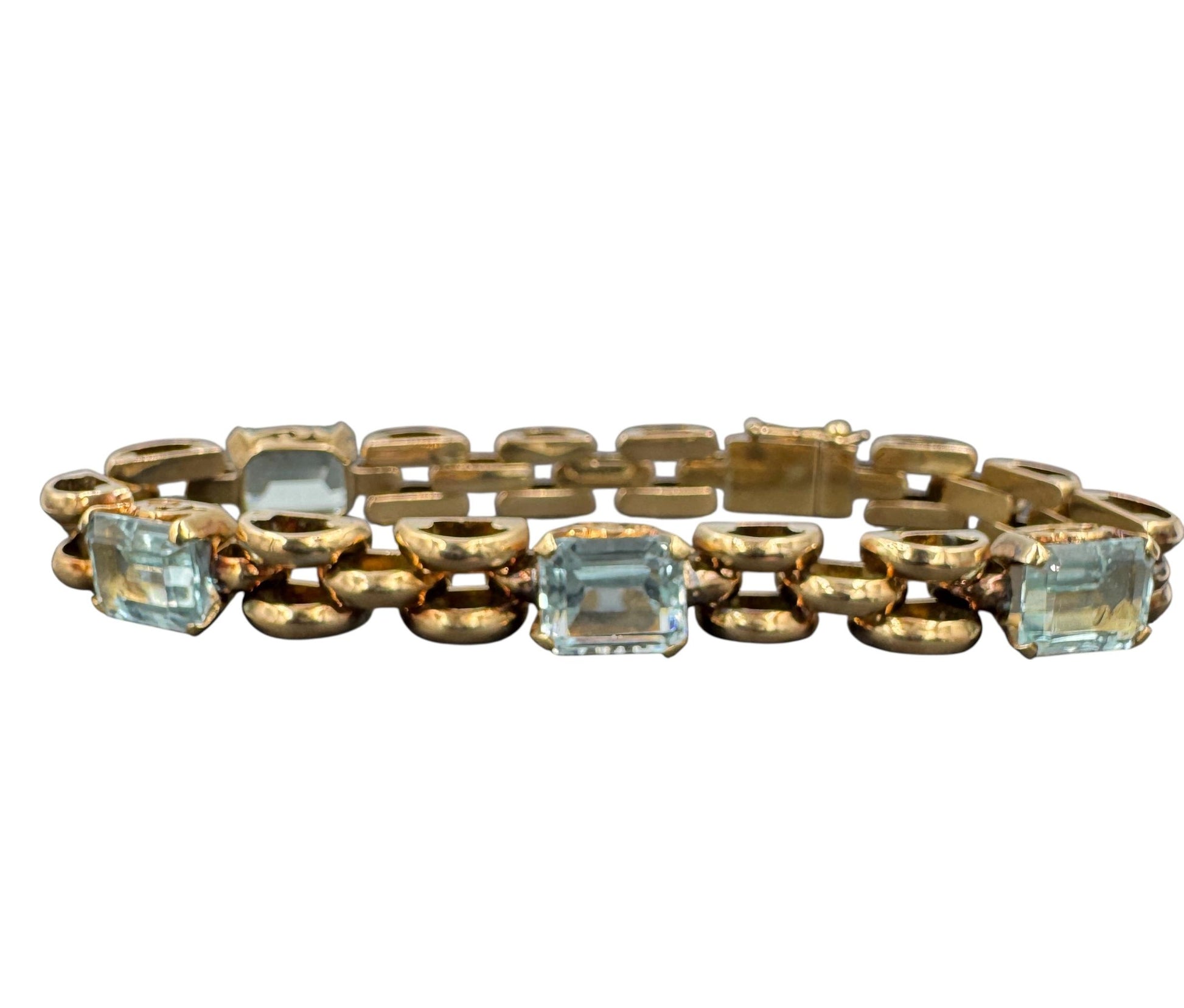 Retro 18k Gold Aquamarine Station Link Bracelet 7.5"