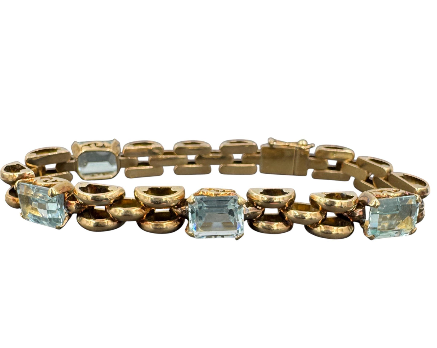 Retro 18k Gold Aquamarine Station Link Bracelet 7.5"