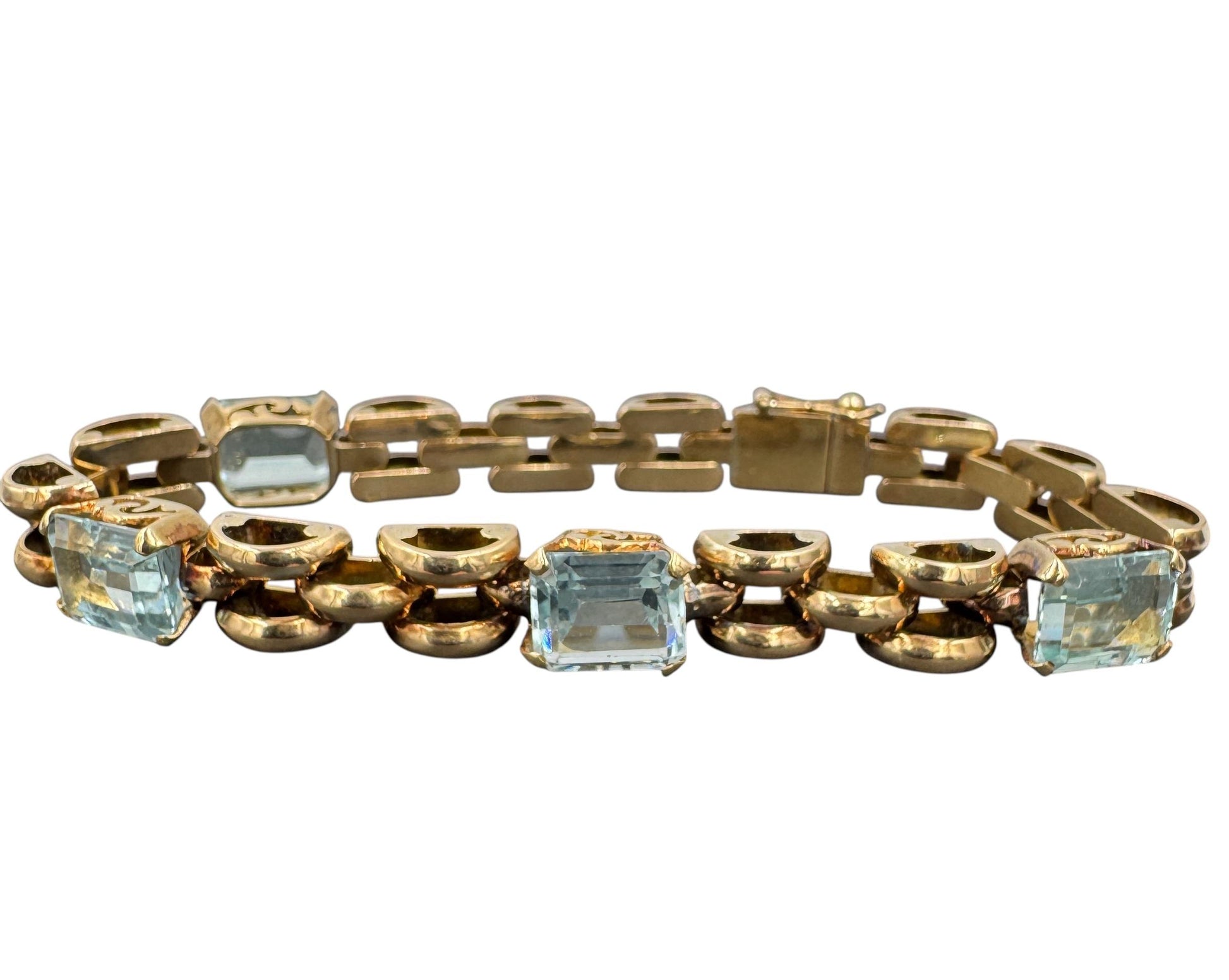 Retro 18k Gold Aquamarine Station Link Bracelet 7.5"