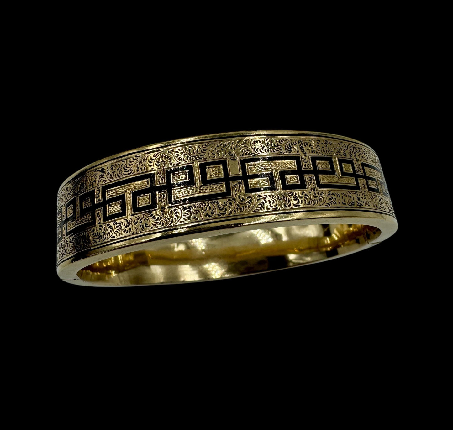 Vtg Antique Gold Filled Victorian Black Enamel Ornate Hinged Bangle Bracelet