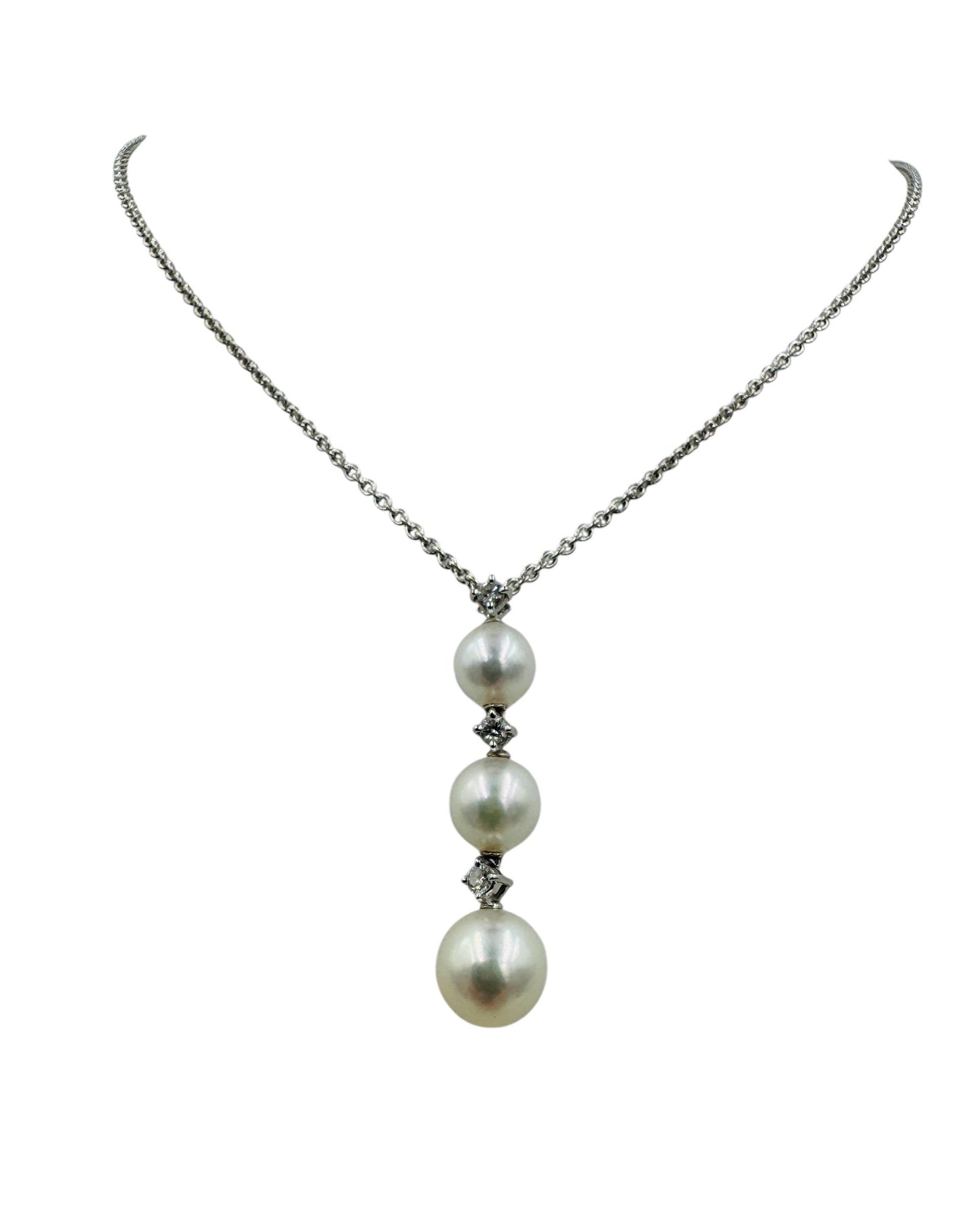 Mikimoto 18k White Gold Diamond and Pearl Drop Pendant 18"