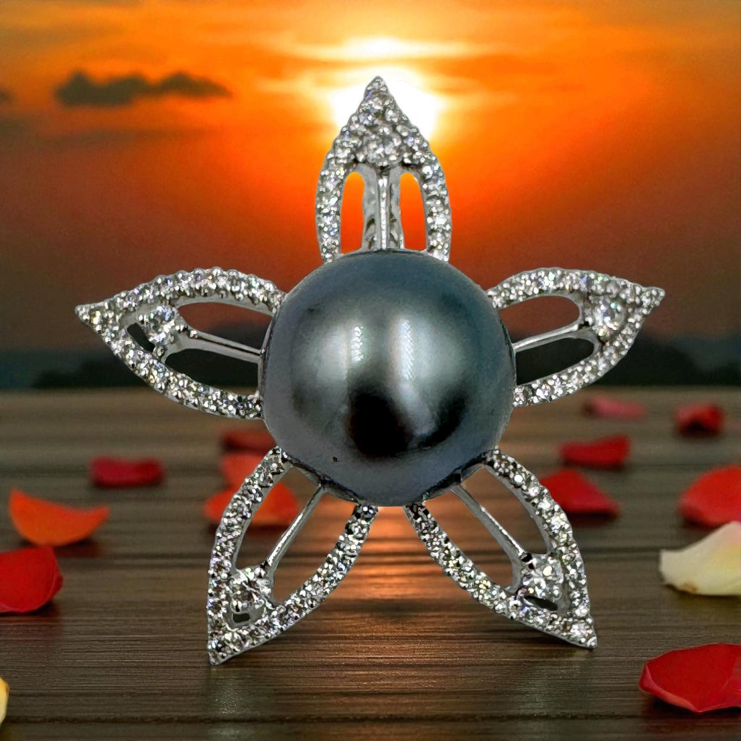 14mm Tahitian Pearl Diamond Flower Pendant Enhancer