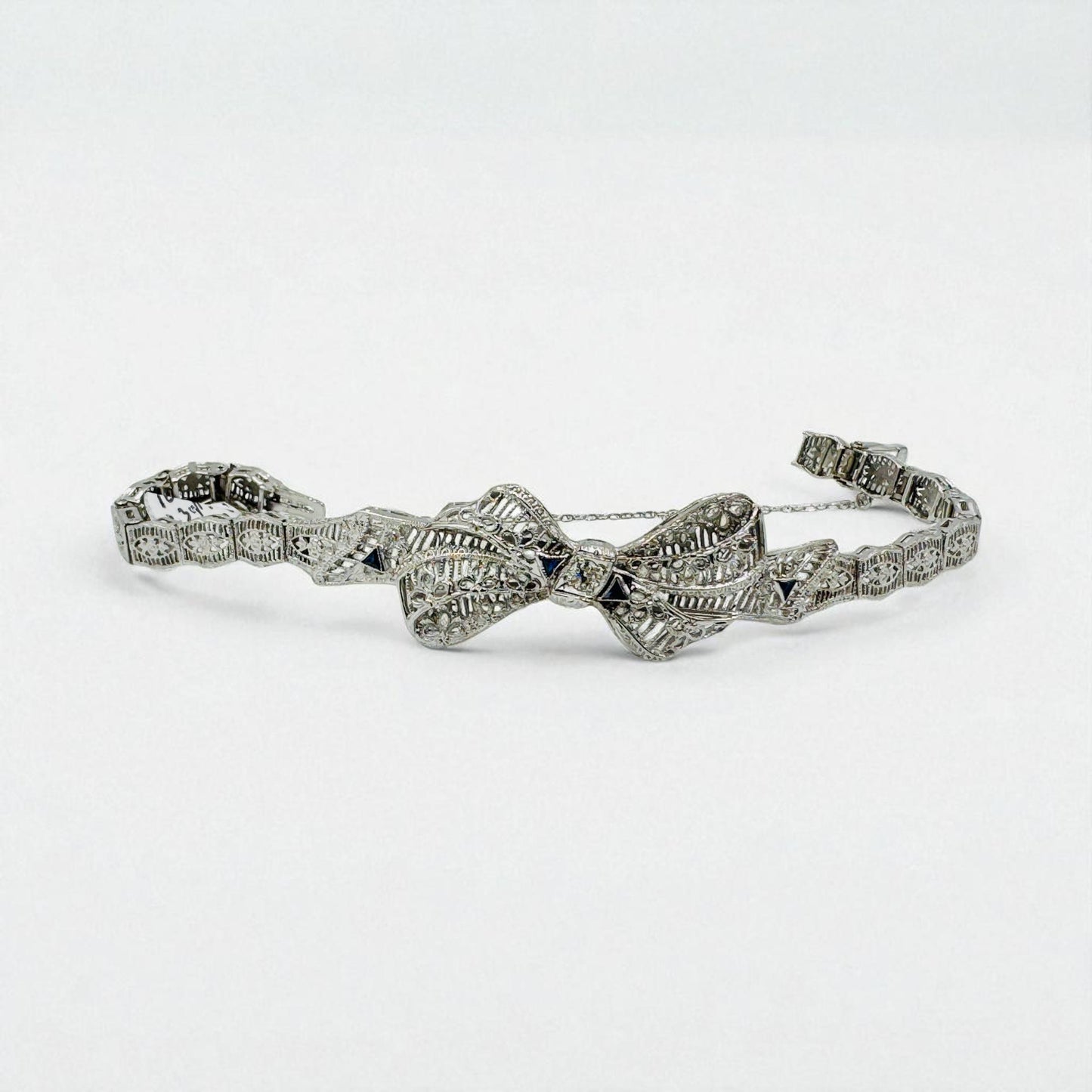 Art Deco 10k White Gold Filigree Diamond Bow Bracelet