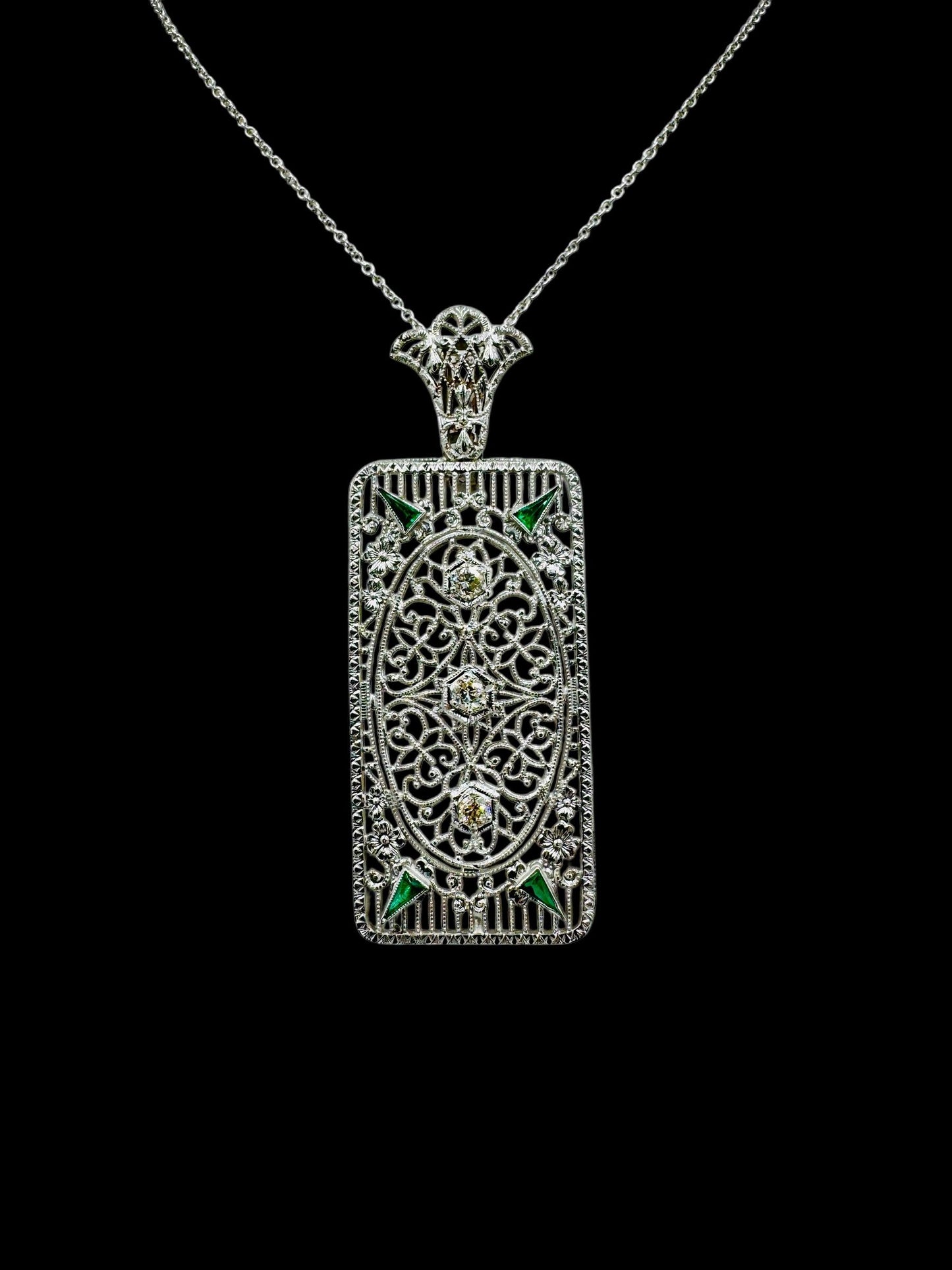 Art Deco 14k White Gold Filigree Diamond Pendant
