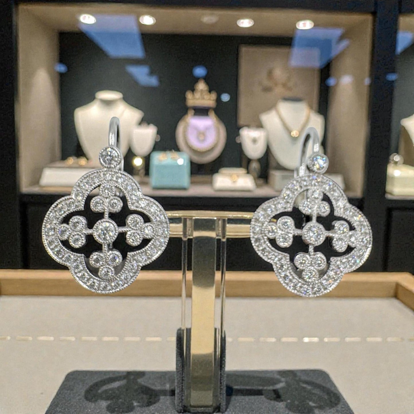 Designer Signed 18k White Gold Diamond dangle Earrings Lever Backs