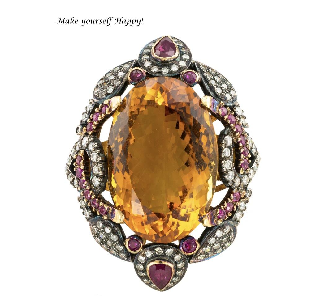 Huge Citrine diamond and ruby silver and gold cocktail ring