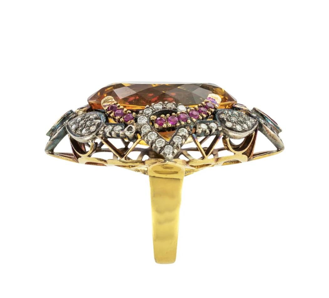Huge Citrine diamond and ruby silver and gold cocktail ring