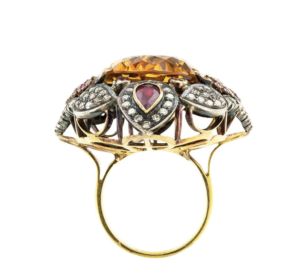 Huge Citrine diamond and ruby silver and gold cocktail ring