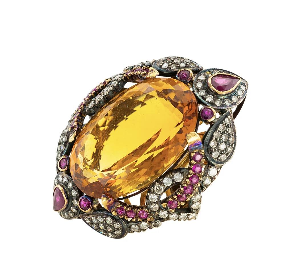 Huge Citrine diamond and ruby silver and gold cocktail ring
