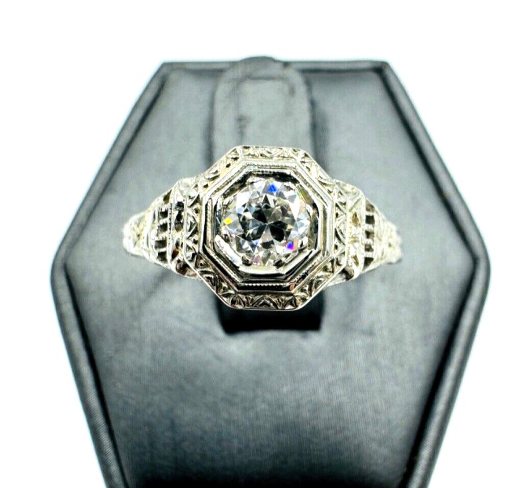 Art Deco 18k white Gold diamond Filigree ring