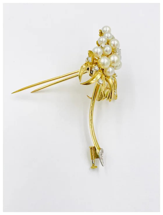 1960's Tiffany & Co. 18k yellow gold Pearl Diamond brooch Pin