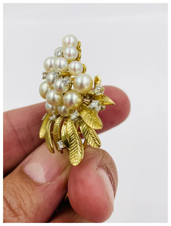 1960's Tiffany & Co. 18k yellow gold Pearl Diamond brooch Pin