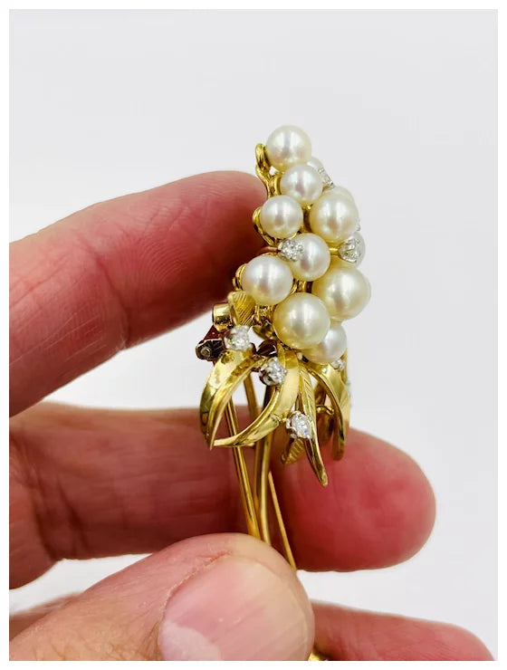1960's Tiffany & Co. 18k yellow gold Pearl Diamond brooch Pin