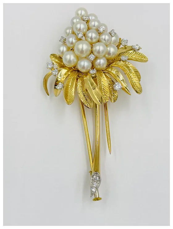 1960's Tiffany & Co. 18k yellow gold Pearl Diamond brooch Pin