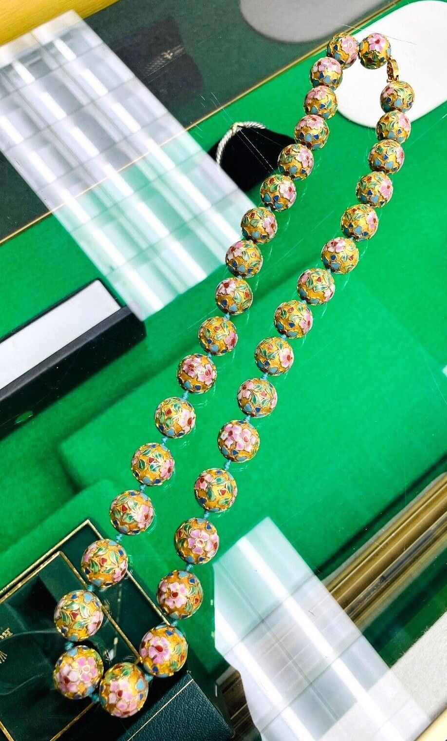Antique Chinese Necklace - Cloisonne Enamel Gold beads - Lotus Flowers