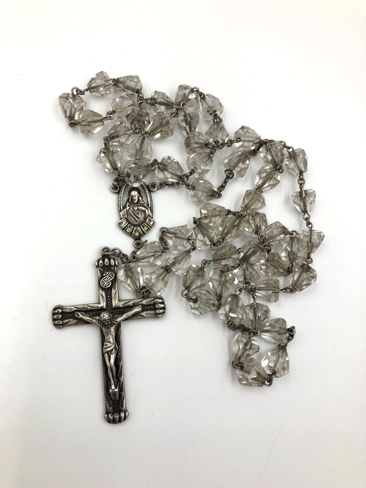 Antique Sterling Silver Religious Catholic Faceted Crystal Glass Bead Rosary