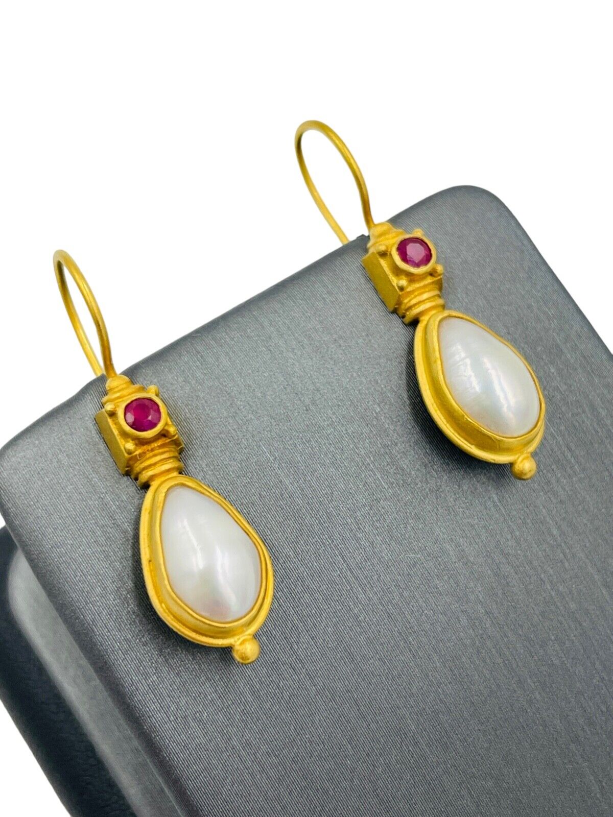 Greece 18k Yellow Gold Ruby and Pearl Etruscan Style Earrings