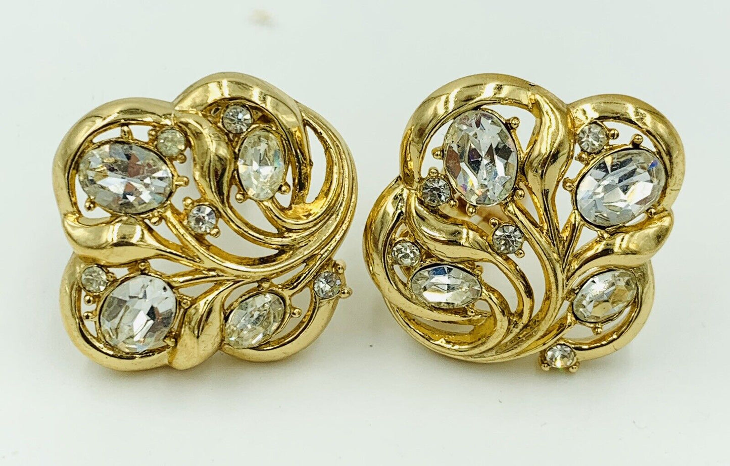 Crown Trifari Gold Toned Crystal Clip On Earrings