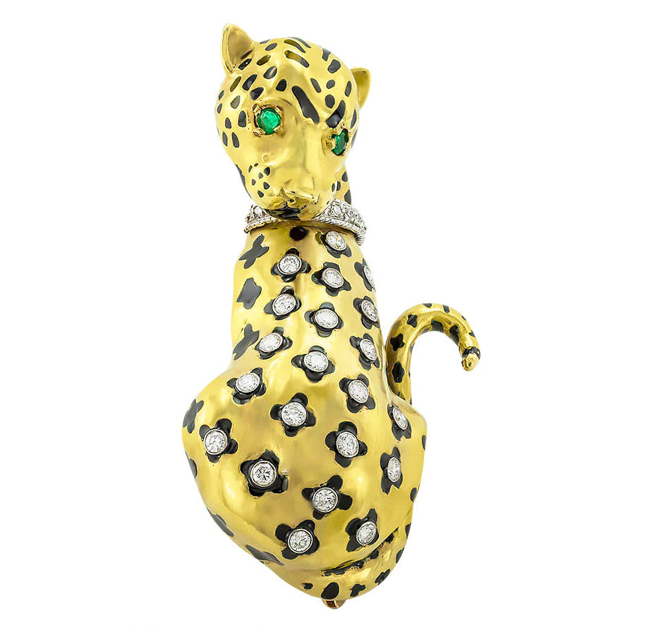 18K Yellow Gold Diamond Emerald Leopard brooch pin
