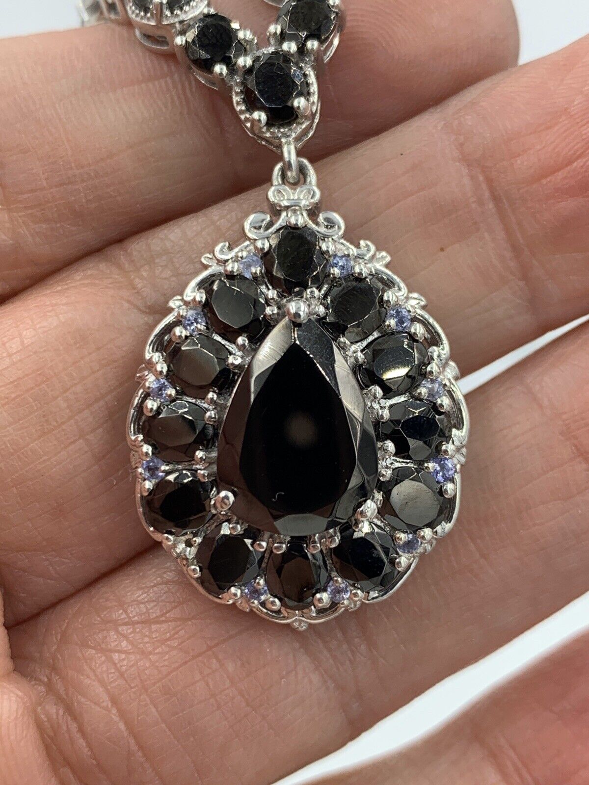 NOS Sts Chuck Clemency Sterling Silver Onyx Tanzanite drop Pendant Necklace