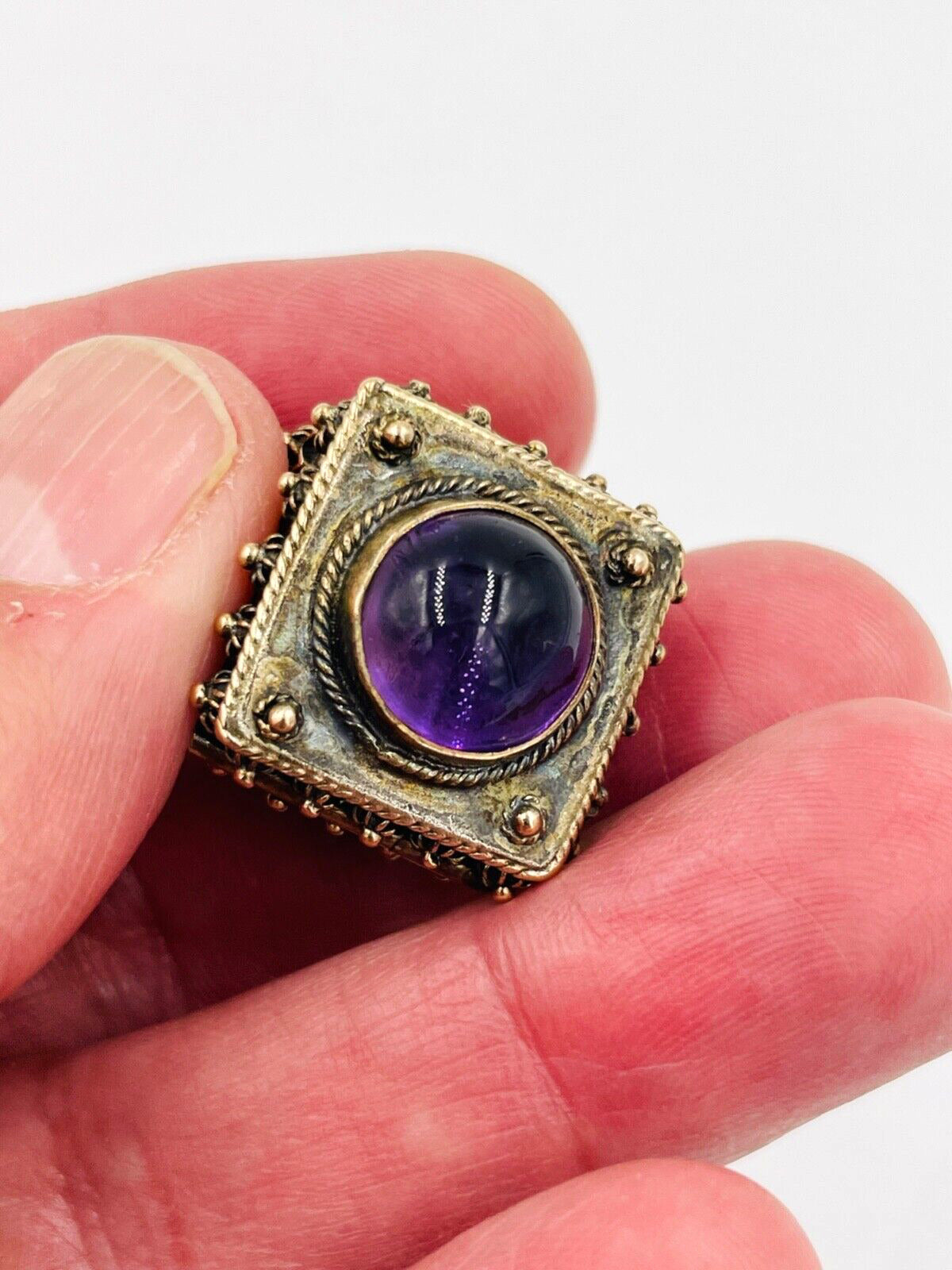 Vintage 800 Silver and Gold Etruscan Poison Box Locket Fob Charm Jeweled