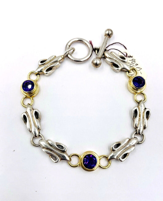 NOS Rigoberto Sterling & 14K Yellow Gold Amethyst station fancy link Bracelet